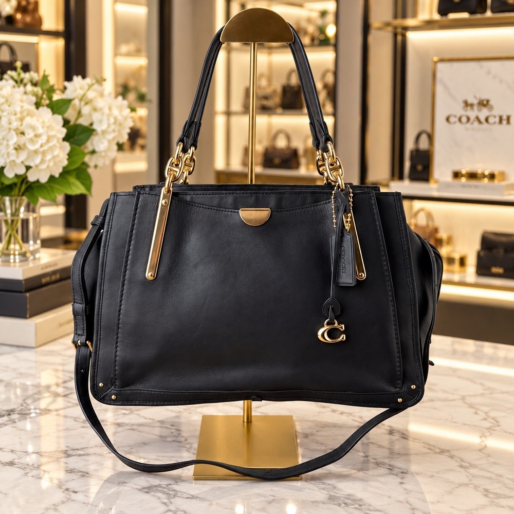 Coach Dreamer 36 Black Leather Shoulder Bag Satchel Gold Hardware - Picture 1 of 16